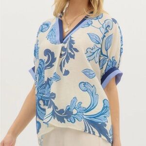 Entro Cream and Blue Floral Blouse